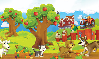 Cartoon happy and funny colorful farm scene - animals on the stage - illustration for children