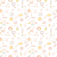 Social icons and business icons hand drawn seamless pattern . Doodle. Vector.