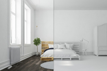 Schlafzimmer mit Palettenbett in weiß und bunt