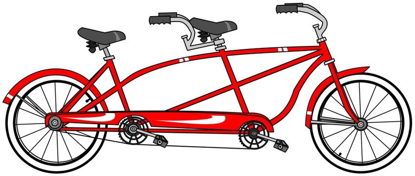 Illustration of a red tandem bicycle with large whitewall tires.