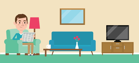 Illustration Of Man Relaxing At Home Reading Newspaper