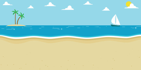 Fototapeta na wymiar Background Illustration Of Summer Beach With Sailing Boat
