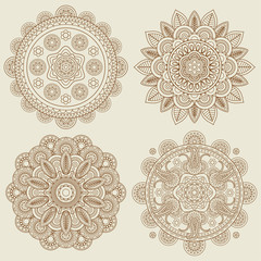Set of Indian doodle boho floral mehendi mandalas. Vector illustration