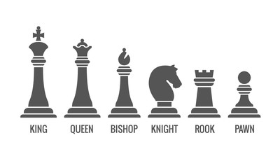 Named chess piece vector. Icons set of chess figures queen and king, illustration rook pawn and knight for chess