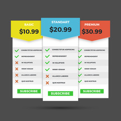 Pricing table for websites and applications vector template. Basic price, standart price and premium price table