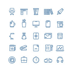 Office workspace thin line vector icons. Clock and office desk, calendar and briefcase linear icons for website and mobile app