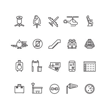 Aviation outline vector icons set. Air travel concept icon and illustration baggage and detector metal for air travel