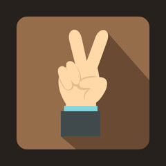 Hand with victory sign icon in flat style on a coffee background