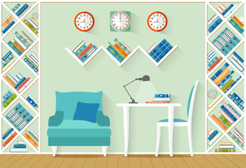 Interior design with furniture, shelves, books in flat style. The office, home library, study room. Vector illustration. 