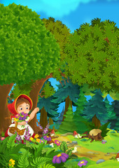 Cartoon forest scene - girl waving for goodbye to someone outside stage - good for different fairy tales - illustration for the children