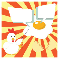 Cute Chicken Cartoon Character Presenting With Fried Egg and Speech Bubble for insert Text
