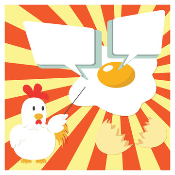 Cute Chicken Cartoon Character Presenting With Fried Egg and Speech Bubble for insert Text