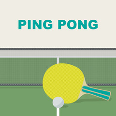 Ping pong or table tennis. Racket ball, ping - pong table and a grid. Vector illustration.