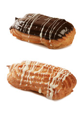 Eclairs with chocolate on a white isolated background/classical dessert