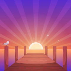 Cartoon illustration of the wooden pier with seagull at sunset time.
