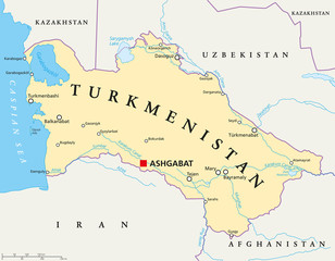 Turkmenistan political map with capital Ashgabat, national borders, important cities, rivers and lakes. Country in Central Asia. English labeling. Illustration. - obrazy, fototapety, plakaty