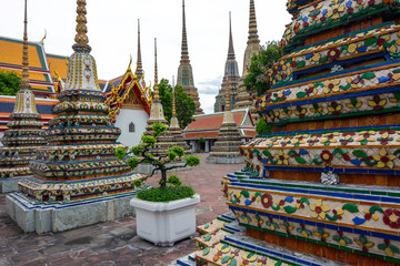 Chedis containing ashes of royal families at the historic Wat Pho in Bangkok, Thailand