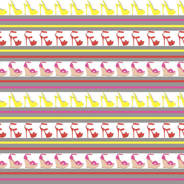 seamless pattern with female colored sandals on a colorful background