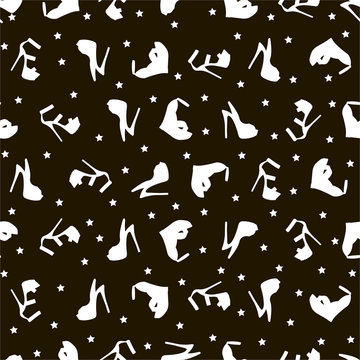 seamless pattern with female white sandals on a black background