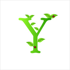 ecological Y with green leaves and water drops and ladybug, original design font.