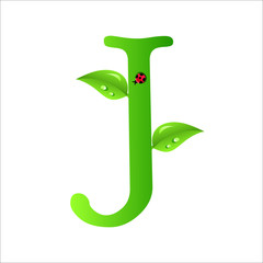 ecological J with green leaves and water drops and ladybug, original design font.