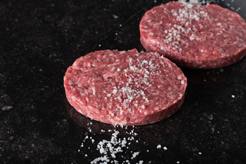 Meat for burgers, grilling, barbecue, bbq. Fresh, spicy, uncooked, delicious beef for hamburgers on dark background with copy space closeup