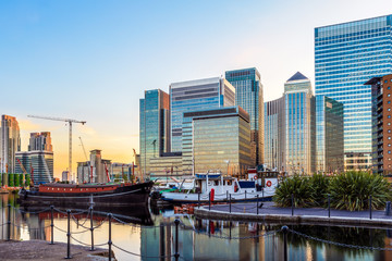 Canary Wharf, financial hub in London at sunset
