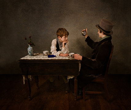 Two boys sitting at table, old masters style