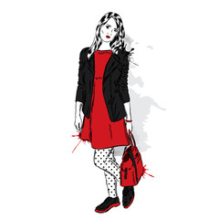 Pretty girl in fashionable clothes. Vector  for greeting card, poster. Fashion & Style.