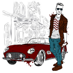 Fototapeta na wymiar Handsome guy in stylish clothes. Hipster. Vector illustration.