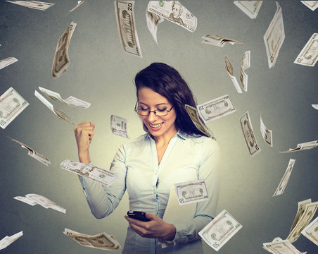 woman using smart phone building online business making money dollars falling down