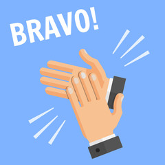 Vector flat style concept of success illustration on blue background with text - bravo. Hands palm applause, clapping.