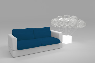 close up blue and white polygonal modern style sofa with translucent balloon planted at a white light box on the left side of sofa,3d rendering,grey two tone interior