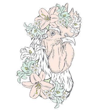 Beautiful cock in a wreath of flowers. Vector  for a poster, postcard, or print on clothes. Symbol of the year.