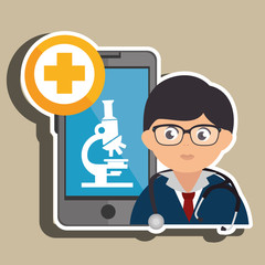 Fototapeta na wymiar doctor cellphone and microscope isolated icon design, vector illustration graphic 