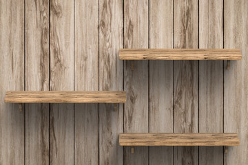 three wooden shelves on wooden background