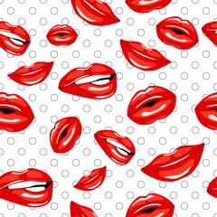 Pattern with red kissing and smiling cartoon lips