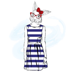 Bunny with the human body in a dress and sunglasses. Vector illustration.