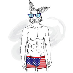 Rabbit with the human body in his underpants. Vector  for greeting card, poster, or print on clothes. Fashion & Style.