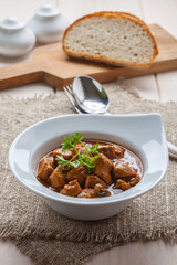 Goulash soup with pork and mushrooms.