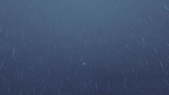 Passenger airplane flying overhead high in the night sky at thunderstorm with heavy rain and lightning. Realistic 3D animation rendered in 4K, ultra high definition.