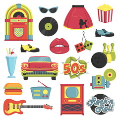 Collection of vintage retro 1950s style items that symbolize the 50s decade fashion accessories, style attributes, leisure items and innovations.