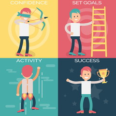 Psychology terms illustrations for achieving success in life and business. Confident person setting personal and professional goals, actively working over them and achieving success.
