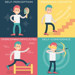 Psychology terms illustrations for achieving success in life and business. Confident person setting personal and professional goals, working over them and overcoming difficulties.