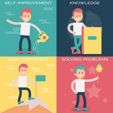 Psychology terms illustrations for self-improvement and personal growth. Person working over personal growth and improvement, gaining new knowledge, solving problems and achieving goals.