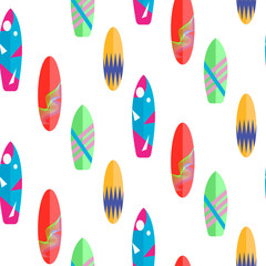 Surfboard seamless vector pattern. Multicolor geometric surf boards on white.
