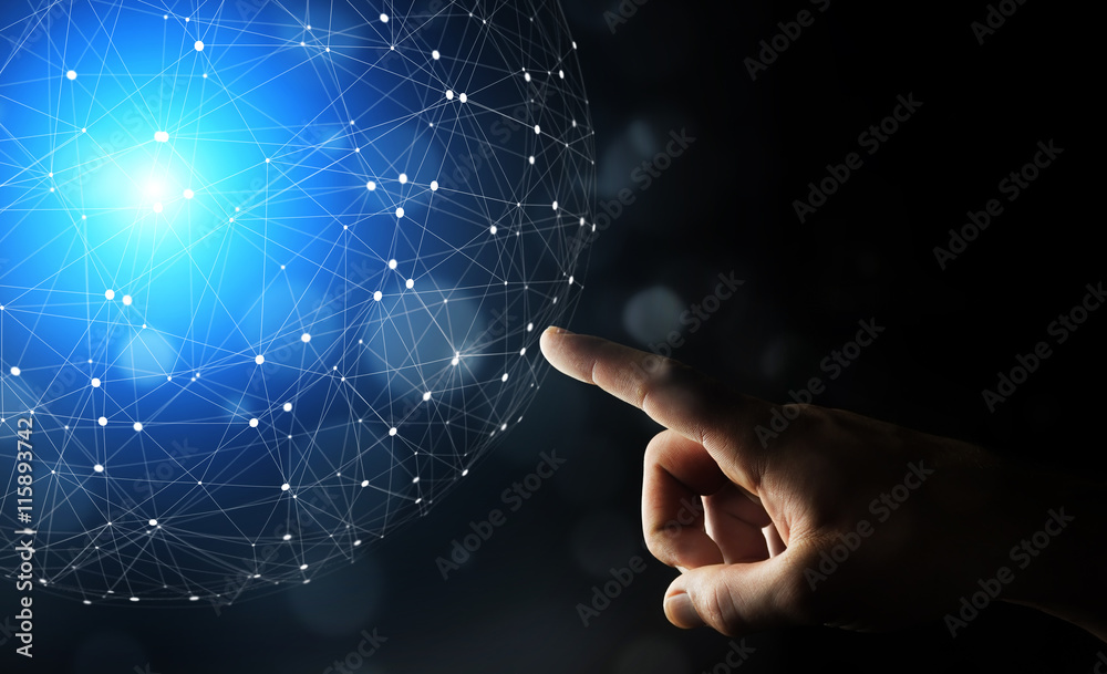 Poster businessman using data network with his fingers