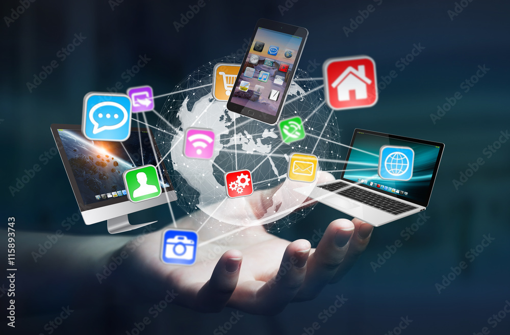 Poster tech devices and icons connected to digital planet earth