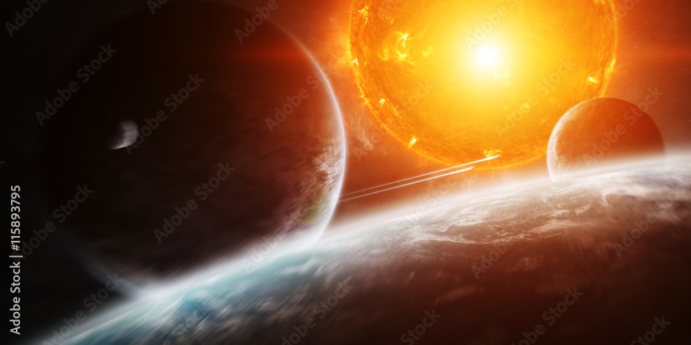 Wall mural exploding sun in space close to planet