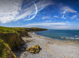 View of distant planet system from cliffs